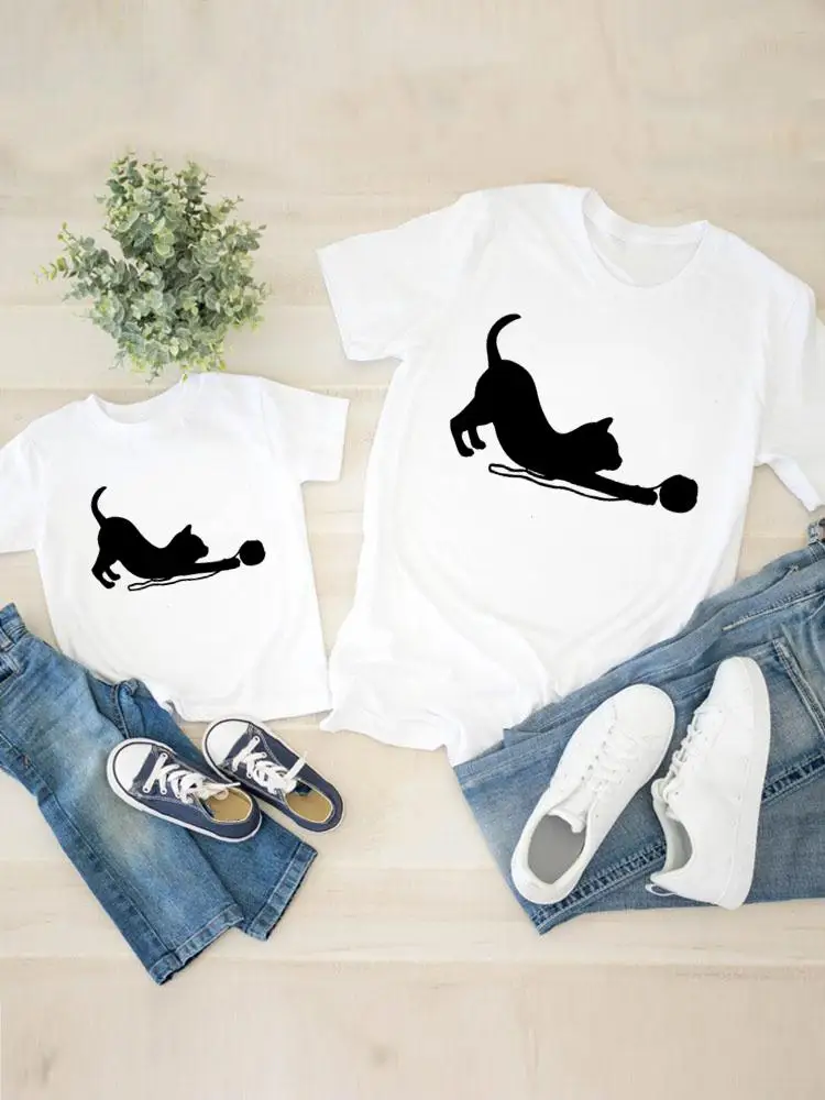 

Women Child Kid Clothing Graphic T-shirt Tee Boy Girl Summer Mom Mama Cat Lovely New Style Clothes Family Matching Outfits