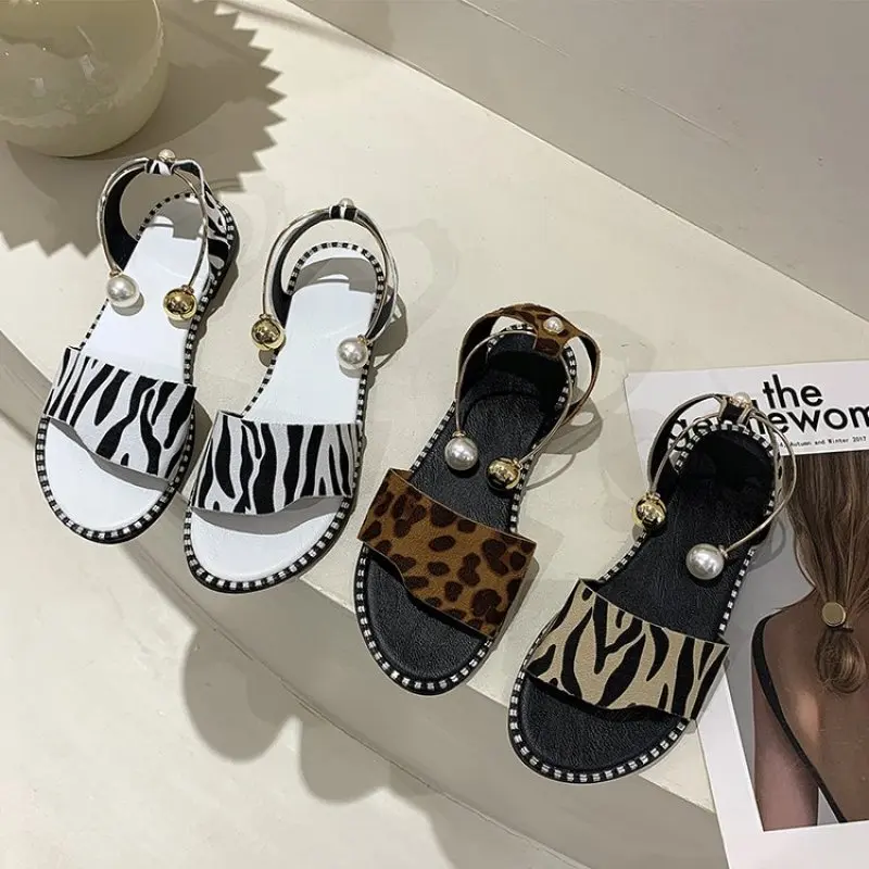 

New Leopard Print Summer Women Beaded Sandal Slippers Shoes Women Flats Flip Flop Casual Flat Slingback Sandals Fashion Plus Siz