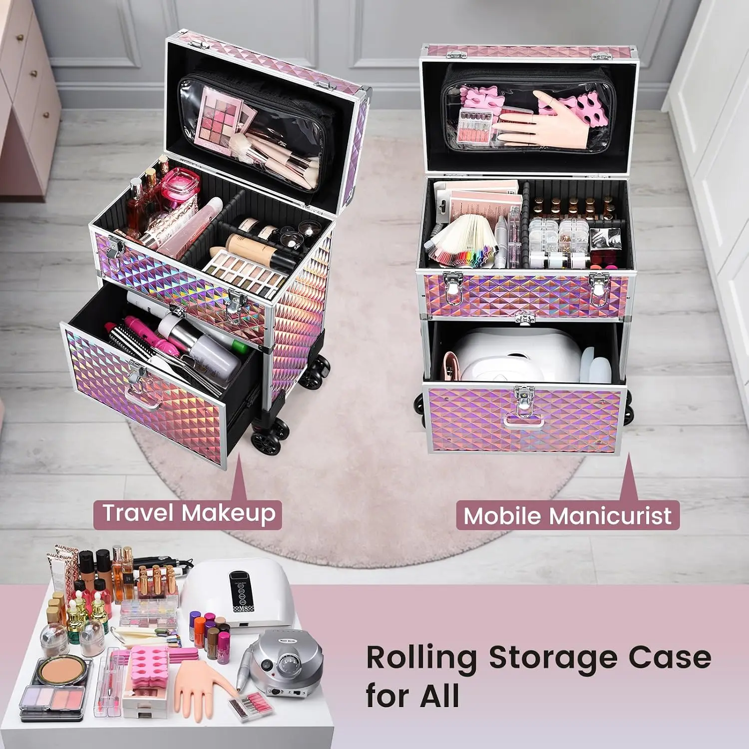 Professional Rolling Makeup Case Drawer Makeup Artists Cosmetic Train Case Large Storage Nail Technicians Cosmetology Case Detac