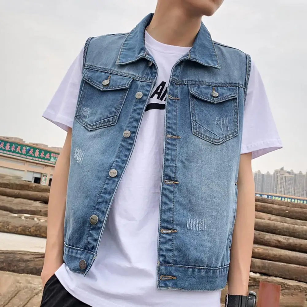 Men Lapel Sleeveless Cowboy Denim Jeans Vest Jacket Coats Blue Ripped Holes Pockets Single Breasted Loose Male Casual Waistcoat