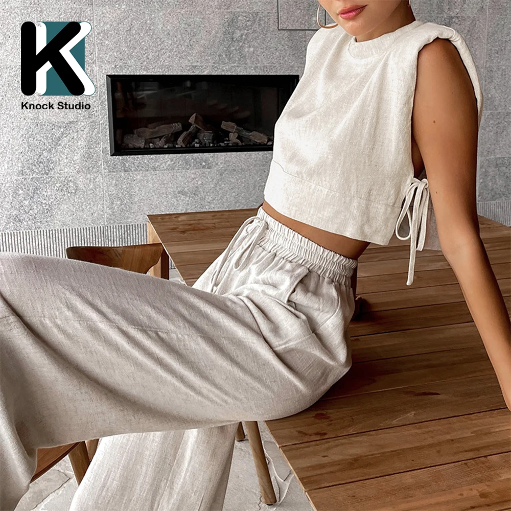 Knock Cotton Linen Top and Pants 2 Pieces for Women White Crop Top Holiday Summer Minimalist Fashion Matching Set for Female