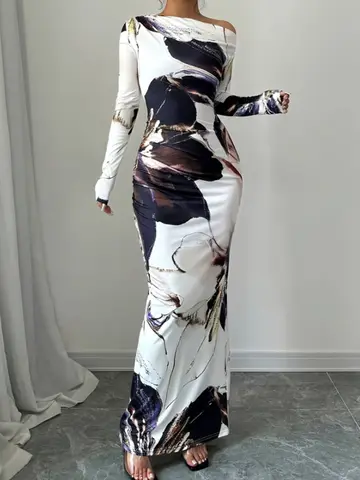 Fashionable Elegant Slim Fit Printed Long Dresses For Women Sexy Slanted Shoulder Long Sleeved Dress Spring Summer 2025 New