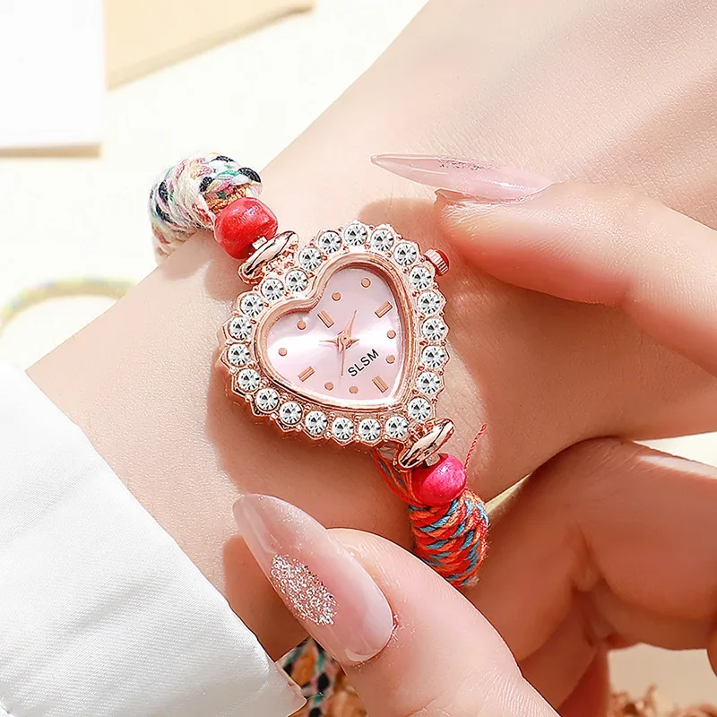 موضة حبل مضفر حزام المرأة ساعة اليد الفاخرة حجر الراين القلب الهاتفي السيدات ساعات كوارتز Reloj Mujer