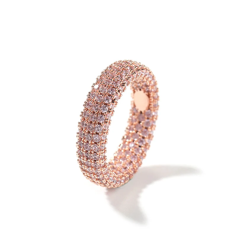 Hip Hop Full CZ Stone Paved Bing Iced Out Round Finger Rings for Men Women Unisex Rapper Jewelry Pink Rose Gold Color