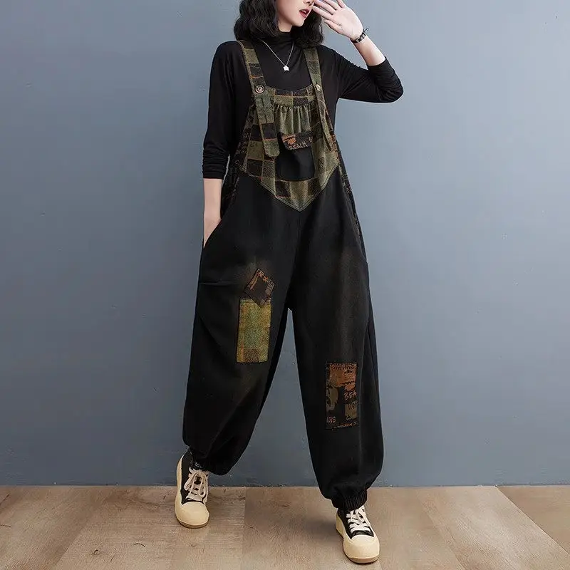 Oversized Washed Printed Jeans For Autumn 2023 Women's Casual Fashion Versatile Artistic Color Matching Denim Jumpsuit Z3621