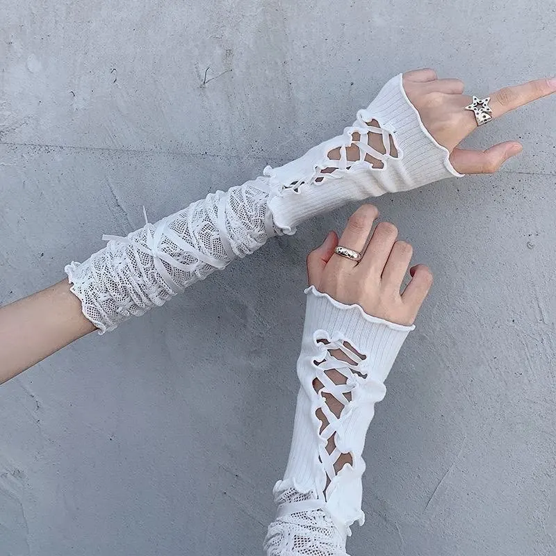 Lolita Gloves Ballet Style White Lace Arm Sleeves Women Thin Summer Hottie Chic Cross Strap Design Armsleeves Y2k Accessories