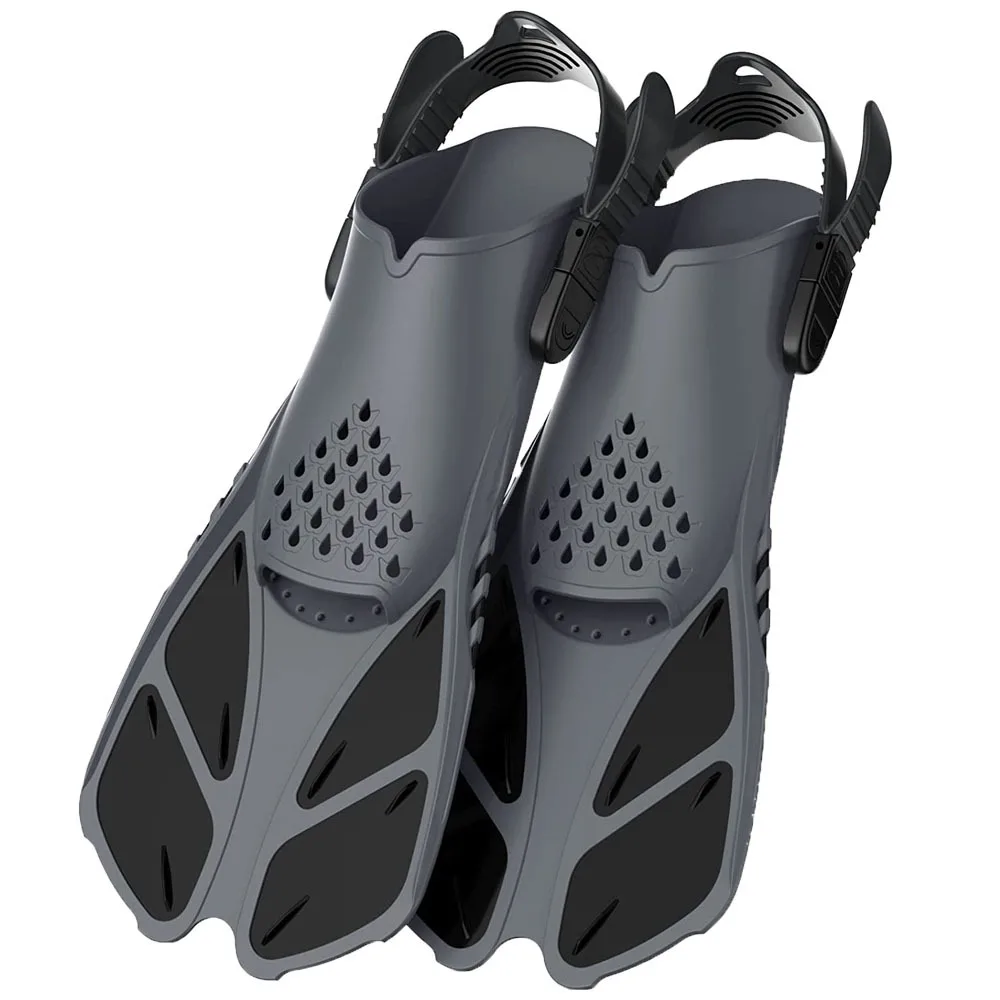 

Snorkel Fins Adjustable Buckles Swimming Flippers Short Silicone Scuba Diving Shoes Open Heel Travel Size Adult Men Womens