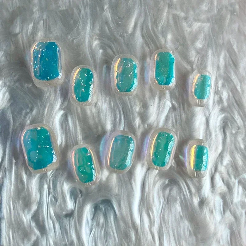 10pc Aurora Short Square Head Handmade Fake Nails Cute Colorful Simple Glitter Press on Nail Detachable Full Cover Nail Tips Art