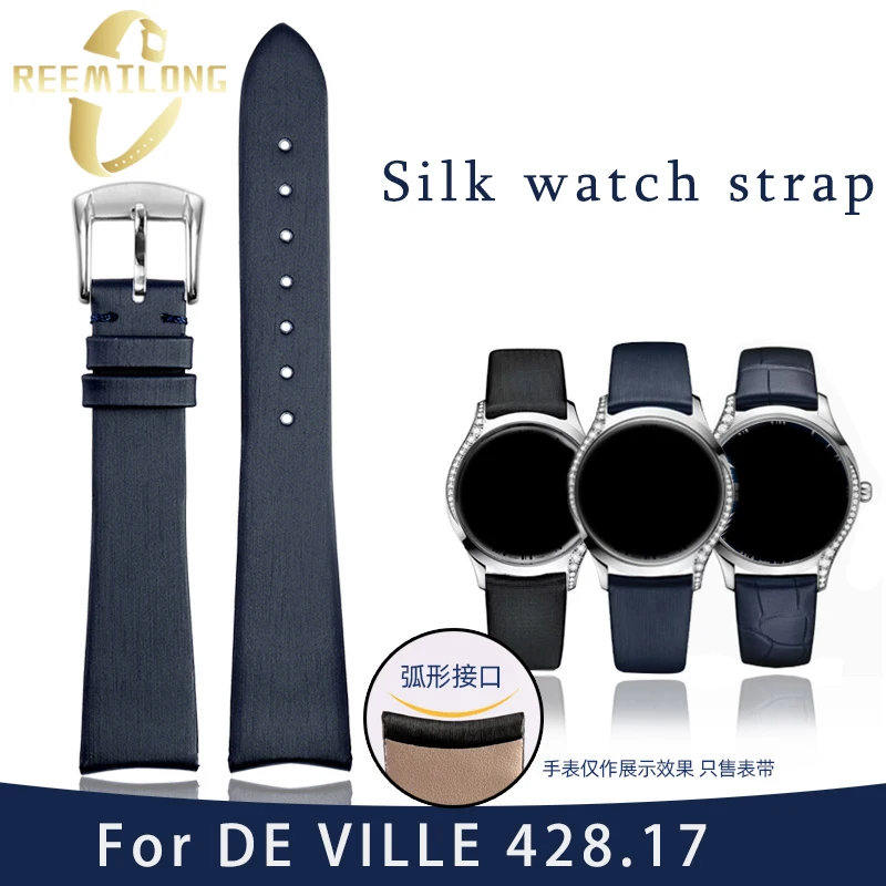 Silk cowhide watch strap 18mm Arc interface black blue skin-friendly women's watchband bracelet For Omega DE VILLE Tresor 428.17