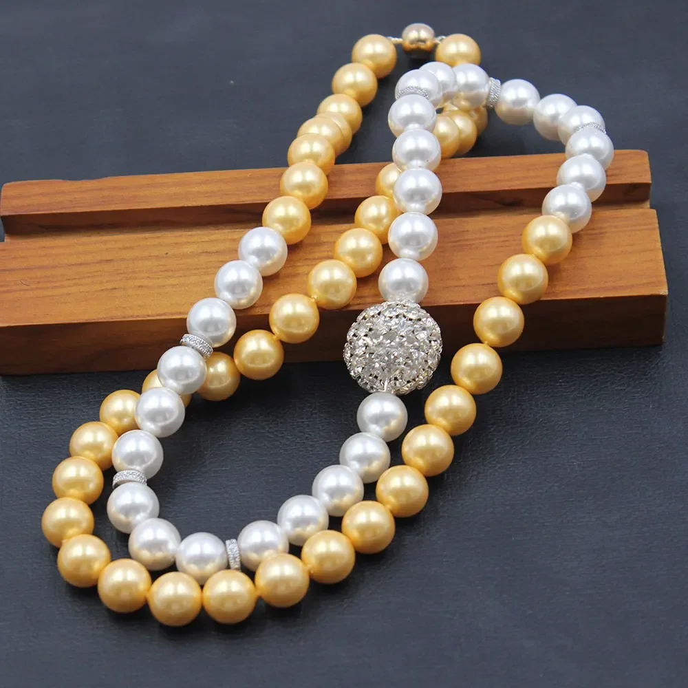 

Jewelry 35inch Natural Yellow Golden White Sea Shell CZ Crystal Ball Long Necklace Sweater chain Handmade For Women