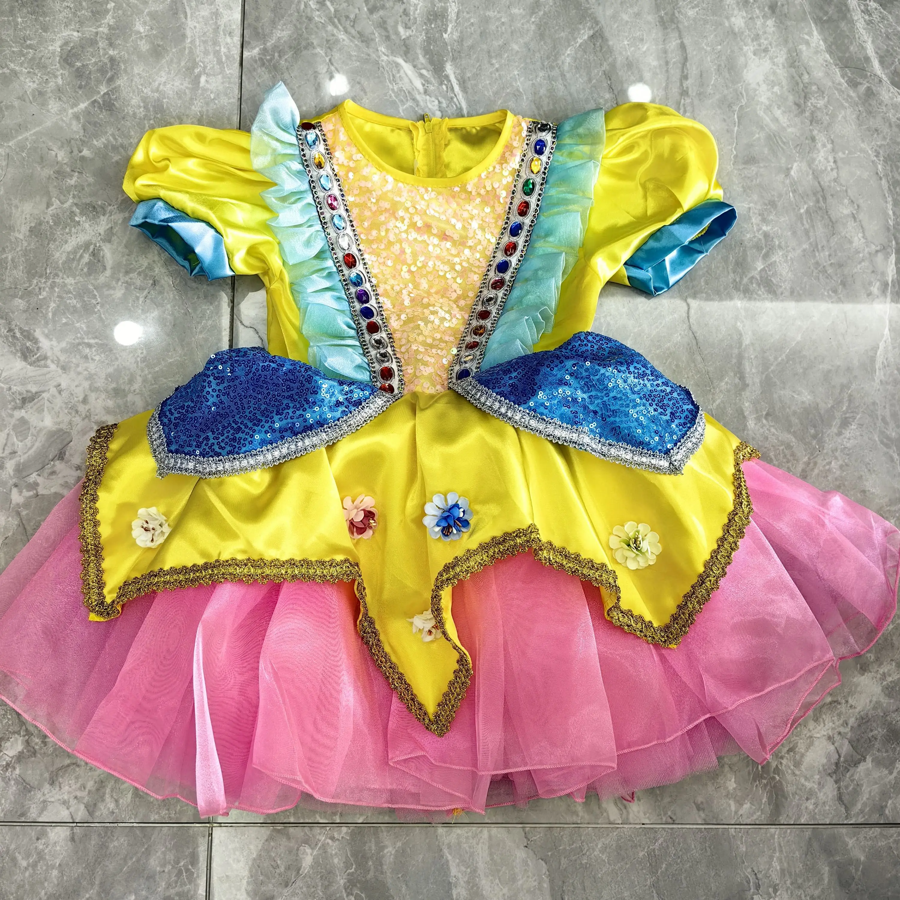 Retro Yellow Kids Sequin Dress Girls Dance Wear Sequined Modern Dance TUTU Dress Dance Costume Childern Party Dress Stage Wear