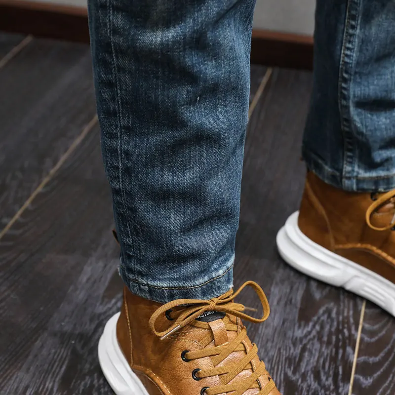 Fashion Designer Men Jeans High Quality Retro Washed Blue Stretch Slim Fit Ripped Jeans Men Spliced Vintage Denim Pants Hombre