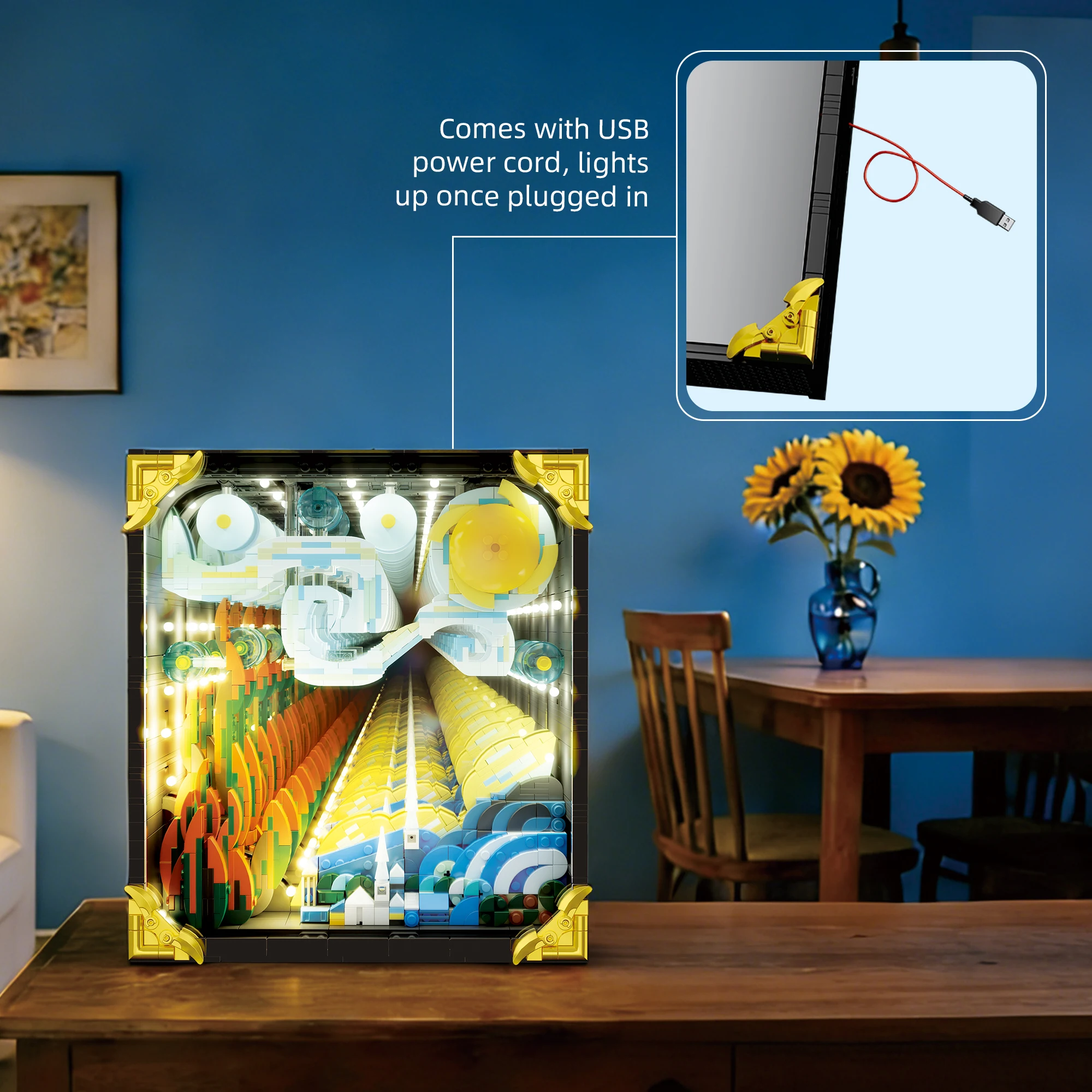 Starry Night Style 3D Mirror Building Blocks Painting Frame with LED Light Assembly Art Decor Desktop Ornament Collectible Gift