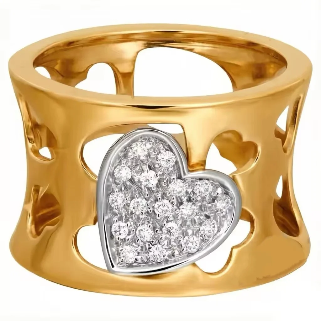 Luxuriöser Ring mit hohlem Herz und synthetischem Edelstein aus Kupfermaterial für Damen, geeignet für Bankette.