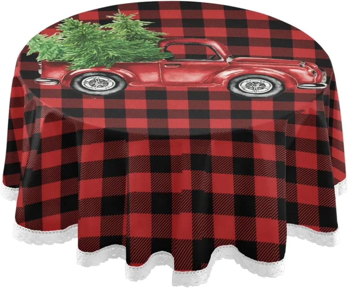 Christmas Tree Truck Buffalo Plaid Tablecloth Winter Xmas Lumberjack Round Table Cover Cloths Washable Polyester Tabletop Decor