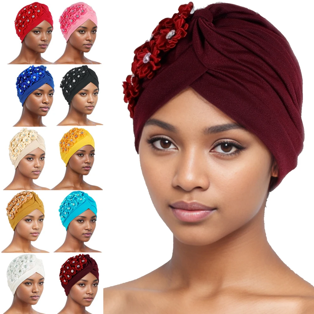 

Latest Indian Turban Diamonds Flower Bonnet Hat Pleated Beanies Women Chemo Cap Muslim Hijab Hair Loss Headscarf Turbante Mujer