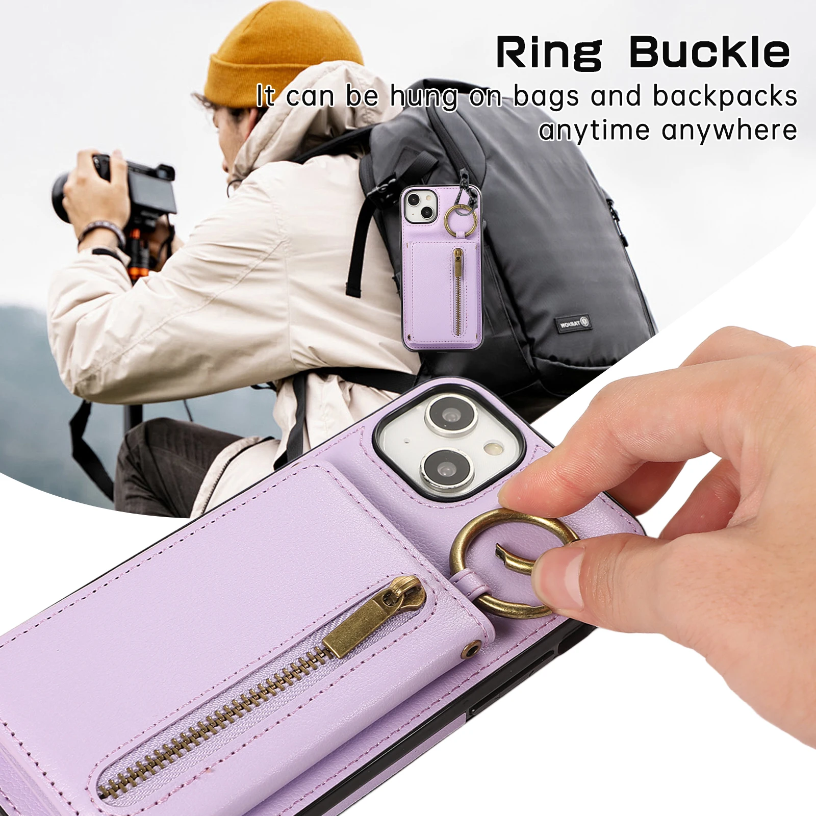 Crossbody Triple Wallet Ring Holder Cards Solt Leather Zipper Case For iPhone 15 Pro Max 14 Plus 13 12 11 XS XR 7 8 SE2022 Cover