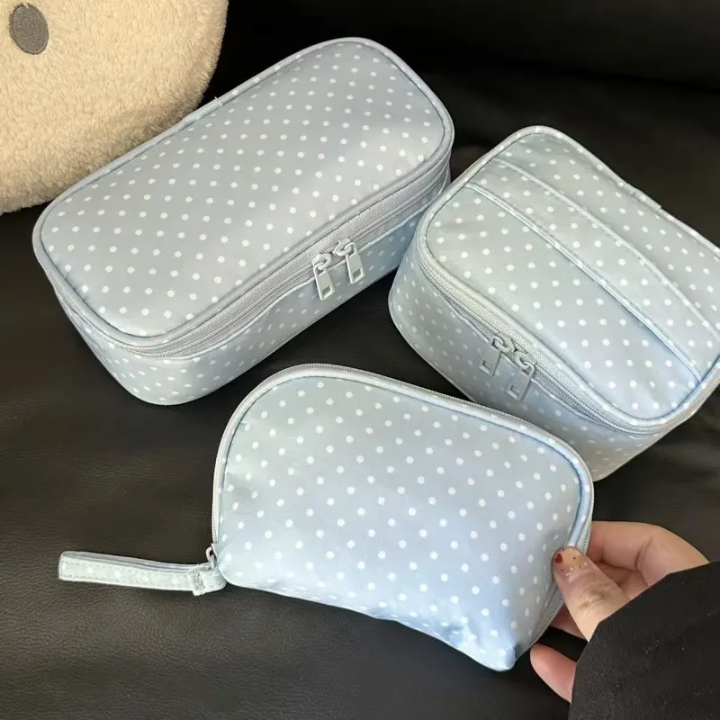 Cute Polyester Polka Dot Makeup Bag Light Blue Multi Size Cosmetic Pouch Checkered Zipper Travel Toiletry Storage Bag Handheld