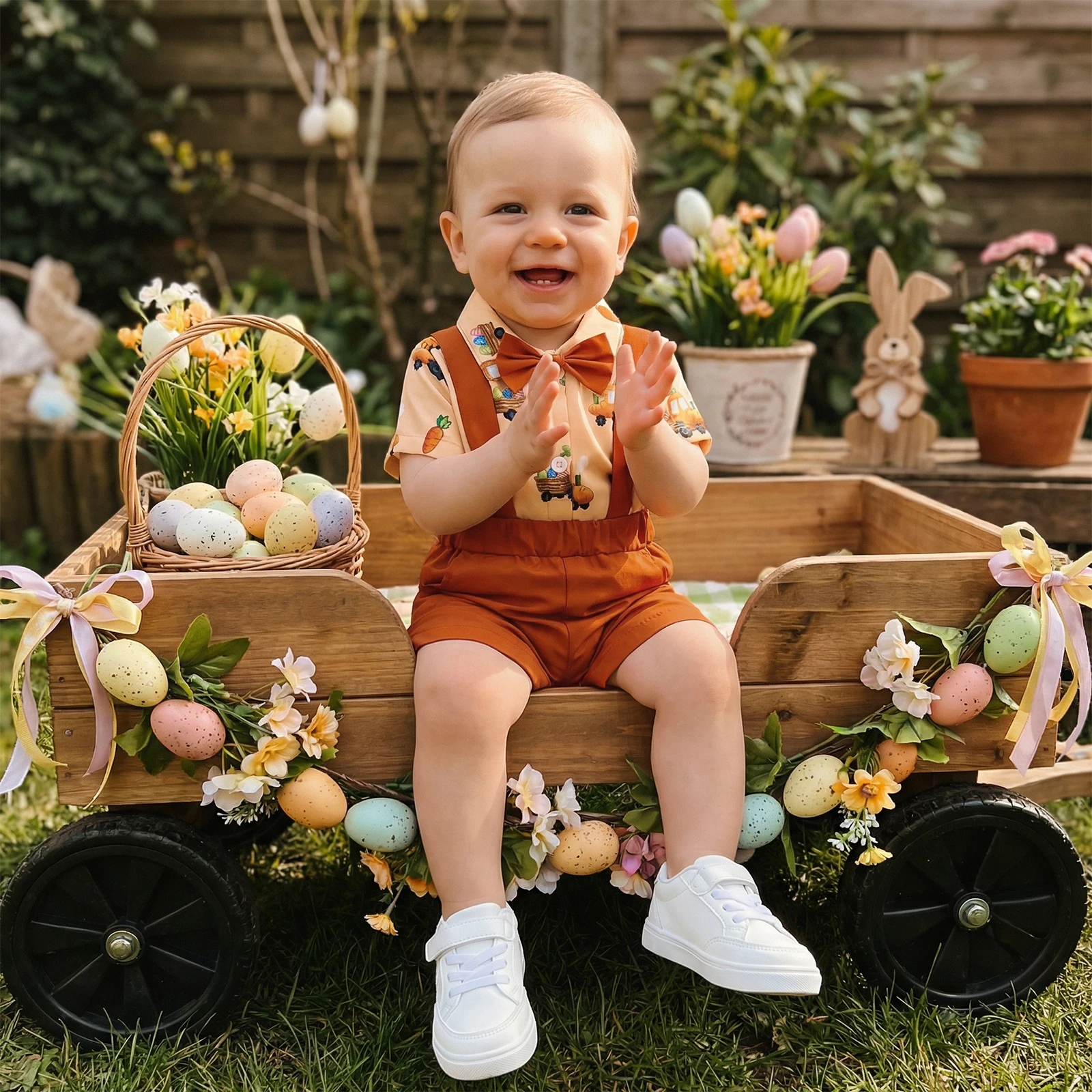 2Pcs Infant Boy Easter Outfit Short Sleeve Lapel Neck Egg Print Bowtie Decor Shirt Romper and Suspender Shorts Set