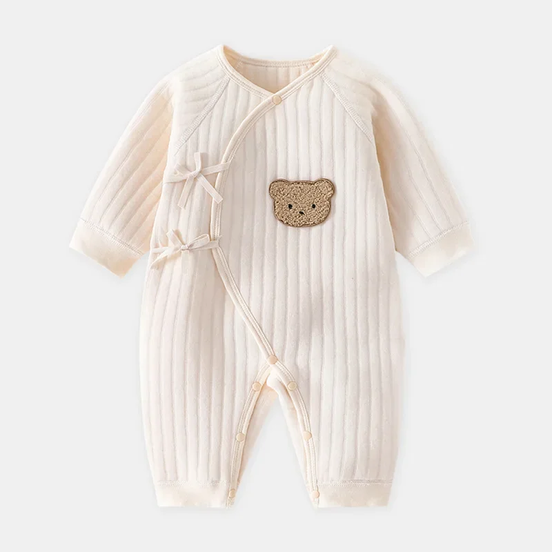 New Born Girl Winter Warm Clothes Solid Cotton Full Sleeve Romper Baby Boy Knit Cartoon Bear Jumpsuit Infant Autumn Outfit