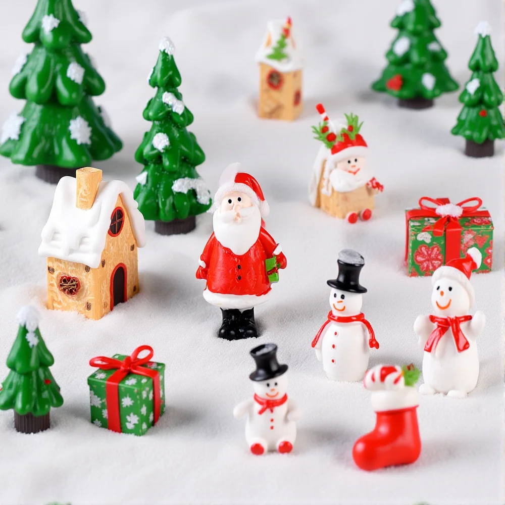 Resin Miniatures Christmas Decorations Snowman Santa Claus Christmas Tree Reindeer Figurines Ornaments New Year Child Gifts