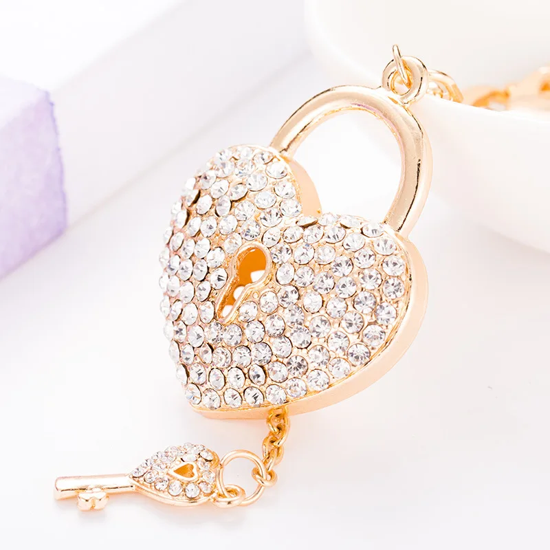 1PC Rhinestone Heart Lock Keychain with Key Sparkling Love Keyring Decoration for Bag Purse Wallet Handbags Backpack Best Gifts