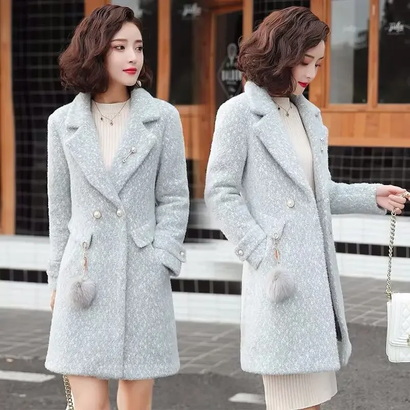 Woolen Coat Imitation Mink Fleece Women\'s 2024 Autumn/Winter New Slim Fit Mid Length Casual Fashion Woolen Coat Long Coat Women