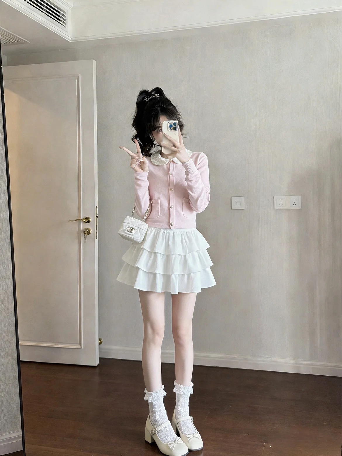 

Розовый нежный комплект: вязаный кардиган с воротником-стойкой на одной пуговице и короткая юбка для молодых женщин, повседневная одежда для ранней осени