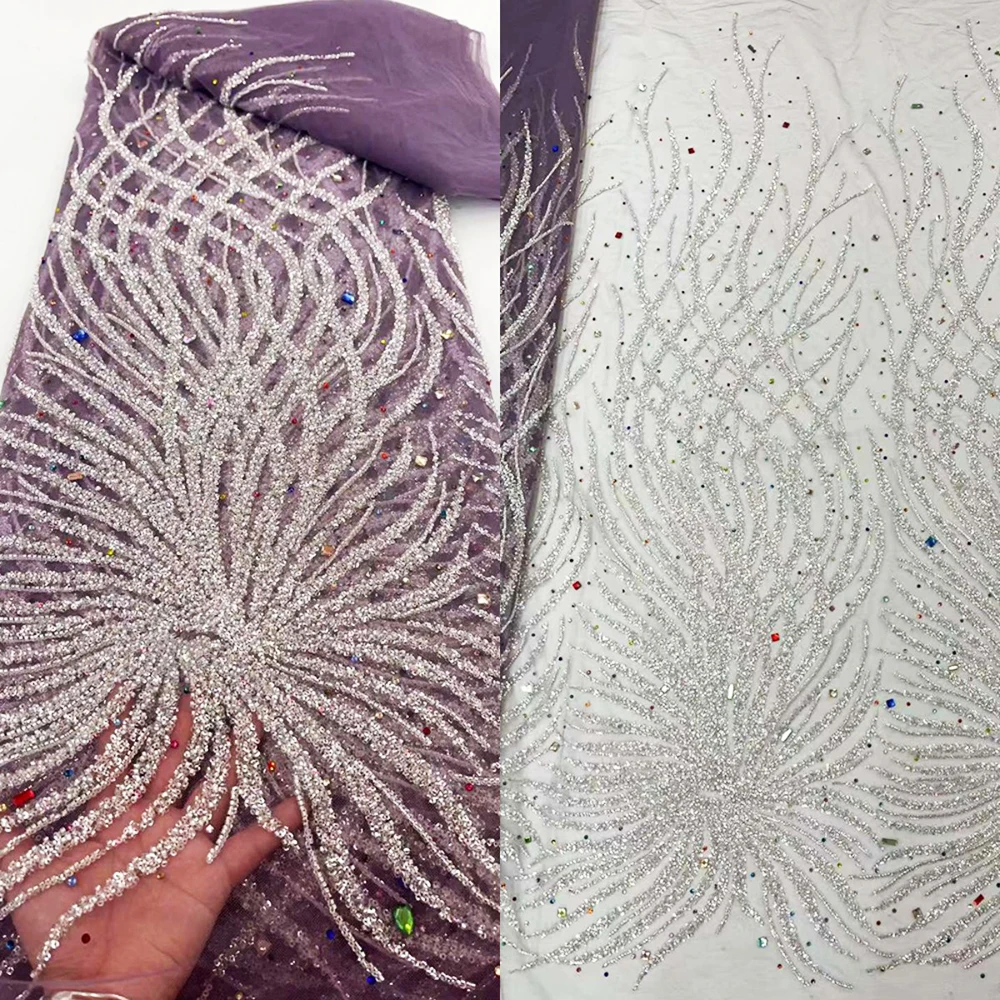 Sinya Heavy Big Crystal Rhinestones African French Tulle Lace Fabric High Quality Luxury Sequins Stones Beaded Lace For Dress