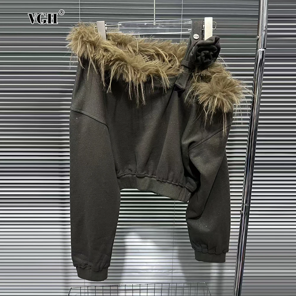 VGH Spliced Fur Short Pullovers with Appliques for Women Diagonal Collar Long Sleeve Off One Shoulder Solid Sweatshirts Female