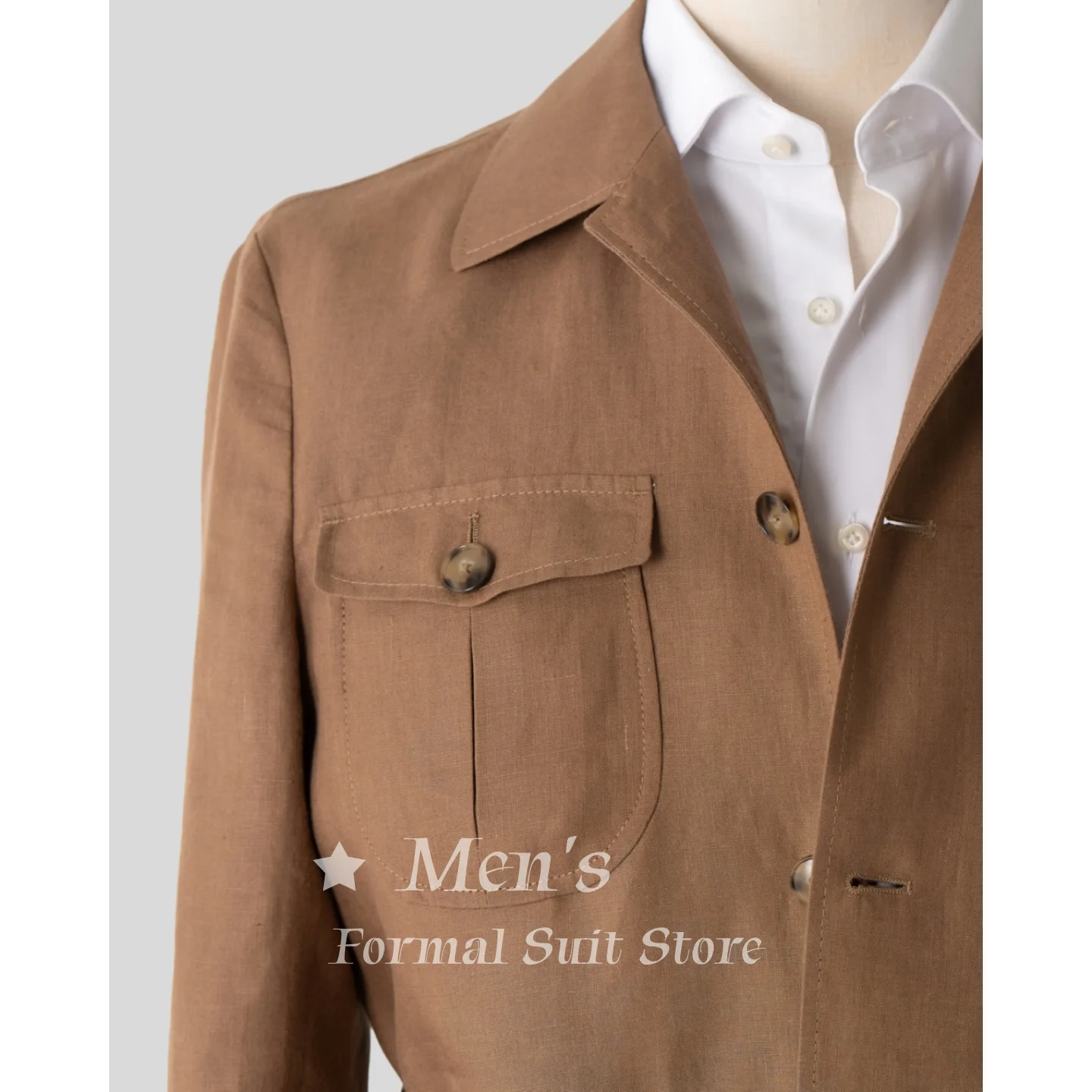 Brown Linen Safari Jacket with Belt Waist Multi Pocket Casual Blazer Wedding Prom Party Dinner Coat Outfits Customized