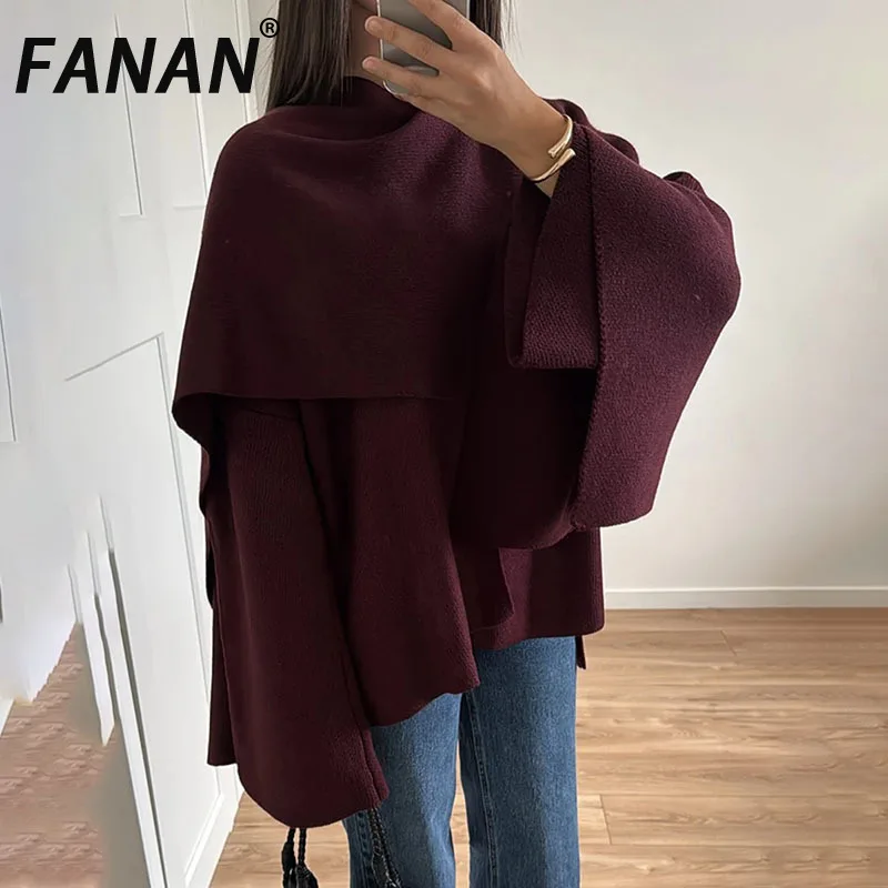 

FANAN Solid Designer Casual Sweater For Women Round Neck Long Sleeve Patchwork Button Chic Cloak Coats Female Fashion New