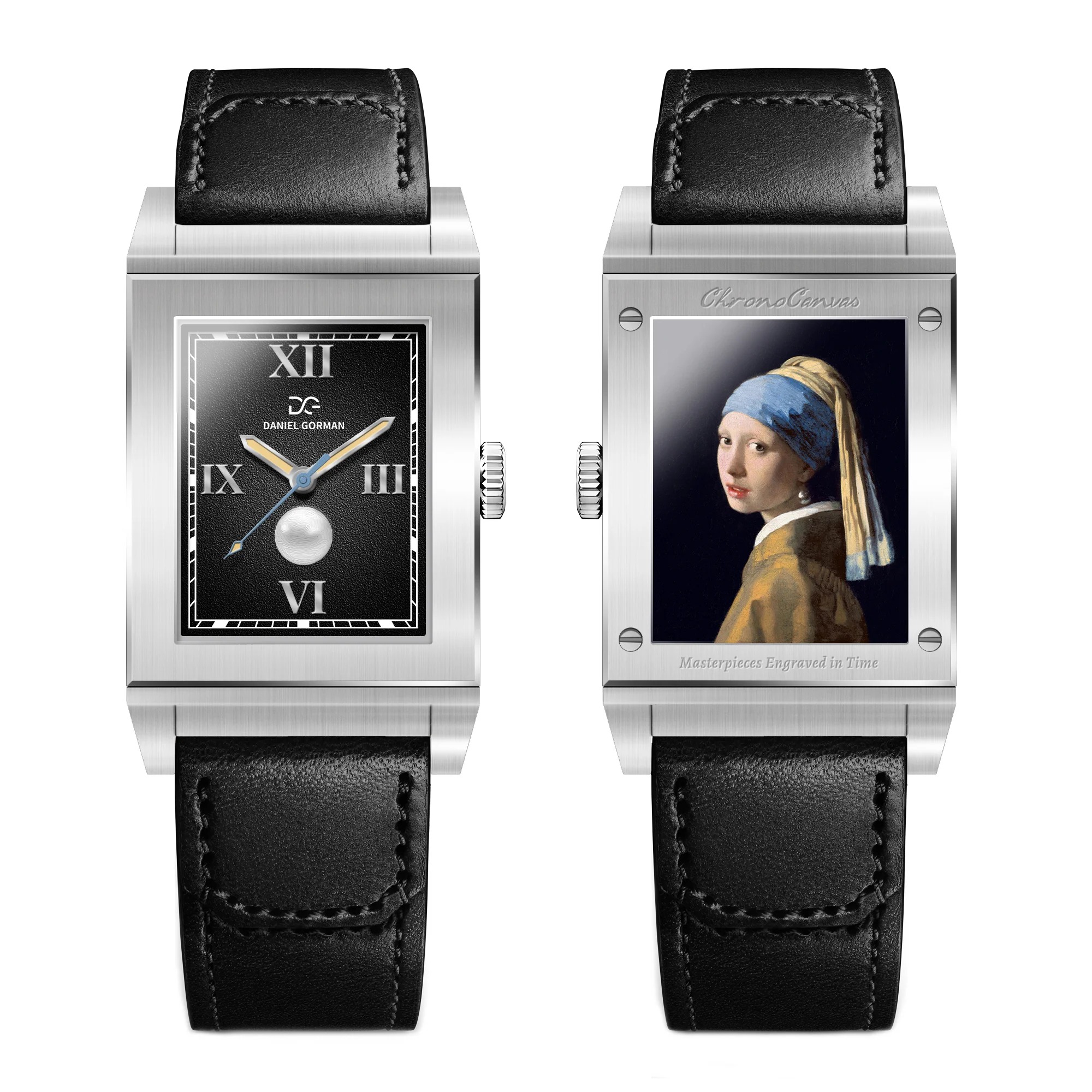 Reverso-Style Flip-Uhr Quarz-Armbanduhr Vintage Quadratisch Echtleder-Armband Unisex Geschenk Reverse Flip-Uhren Gorman 9200