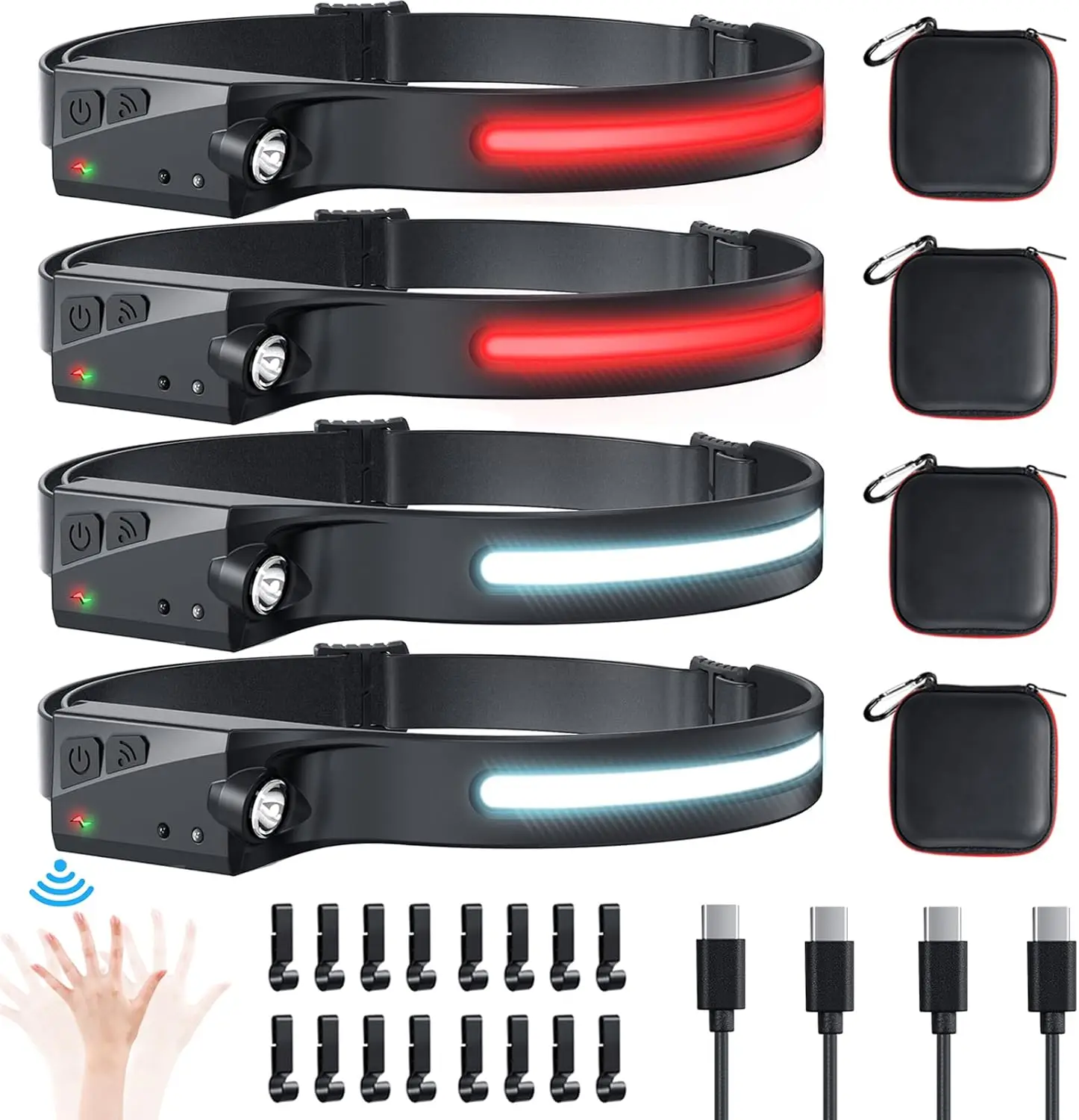 

4Pack Rechargeable LED Headlamp with Case, 230° Wide Beam, Motion Sensor, Red Light, 6 Modes, IPX4 Waterproof, Super Lightweight