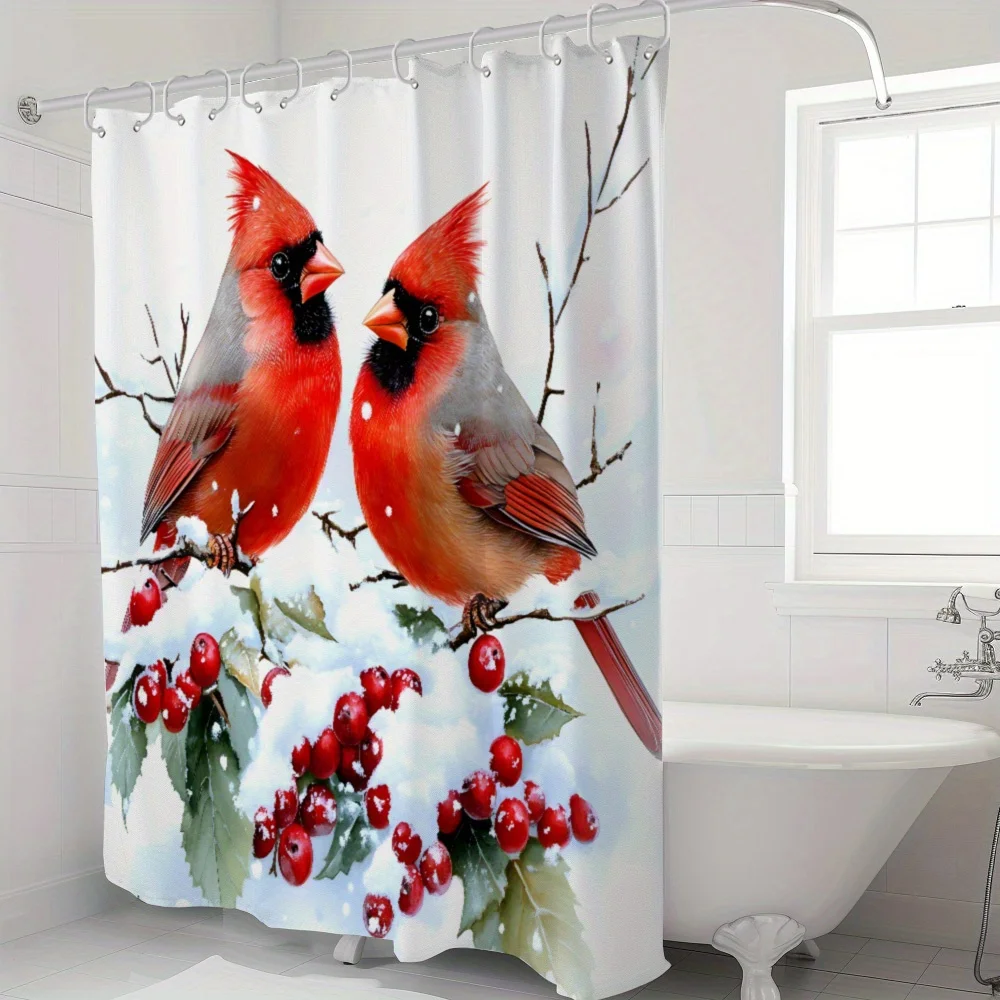 Christmas Theme -Shower Curtain, Beautiful Northern Cardinal Pattern - Machine Washable