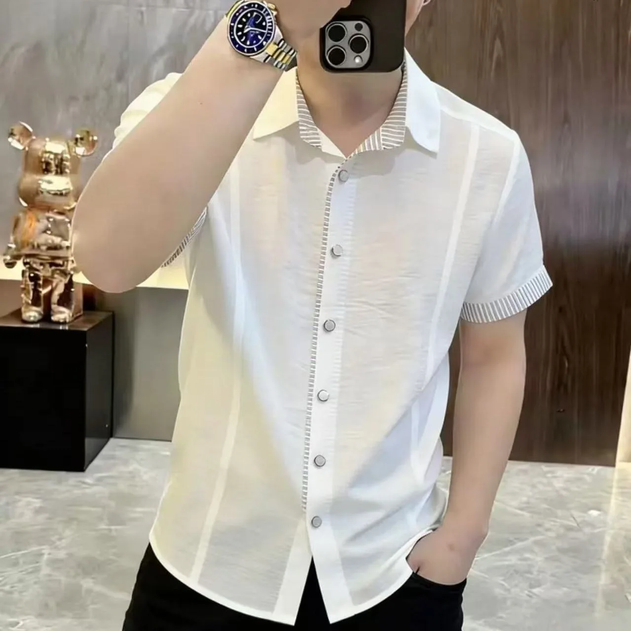 Men's Summer Casual Acetate Shirt Half Sleeve Breathable Versatile Lightweight Luxury Business Shirt Fashionable Slim Fit
