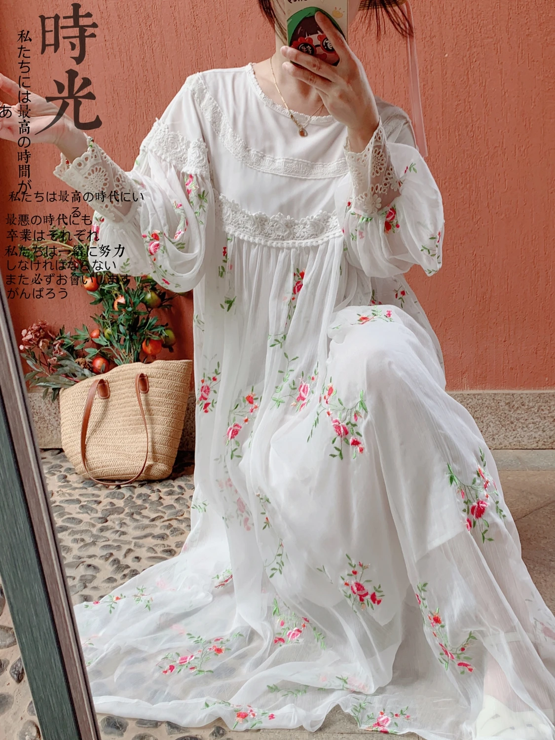

TIYIHAILEY Spring Summer Women White Embroidery Chiffon Dress With Lining Full Lantern Lace Sleeve Long Mid-Calf Ladies Loose