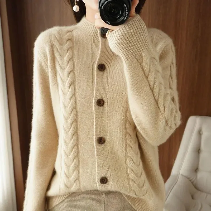 Half High Collar Twists Knitted Cardigan Autumn And Winter High-End Casual Loose Versatile Long Sleeved Base Sweater For Women