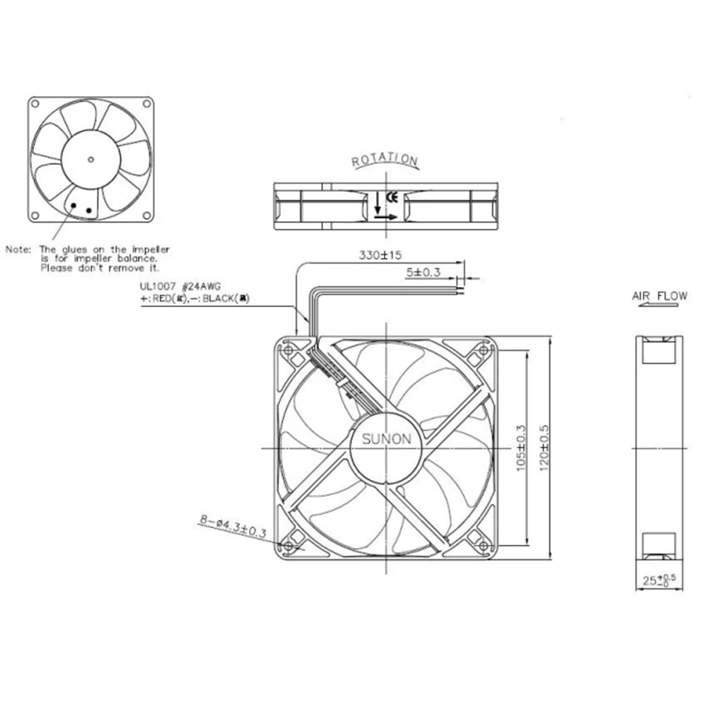 Ventilador EEC0252B1-000C-A99 12025, 24V, 0,21/0.24A, 5,0 W, 120 × 120 × 25MM