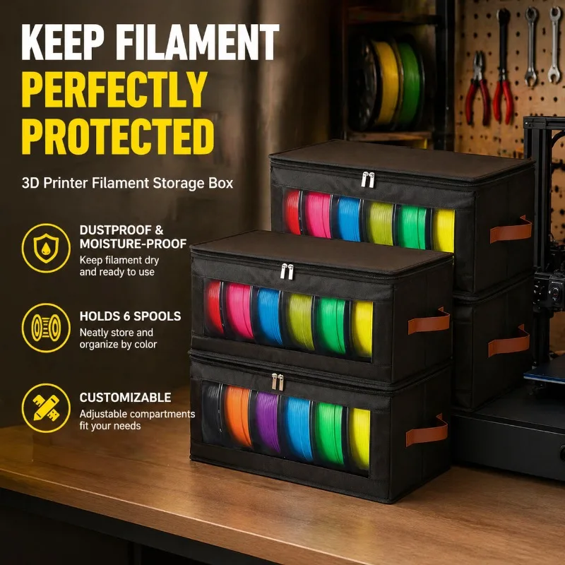 

3D Printing Filament Storage Bag Dustproof Moistureproof Oxford Cloth Box for 6 Spools PLA PETG ABS Organizer Case Clear Window