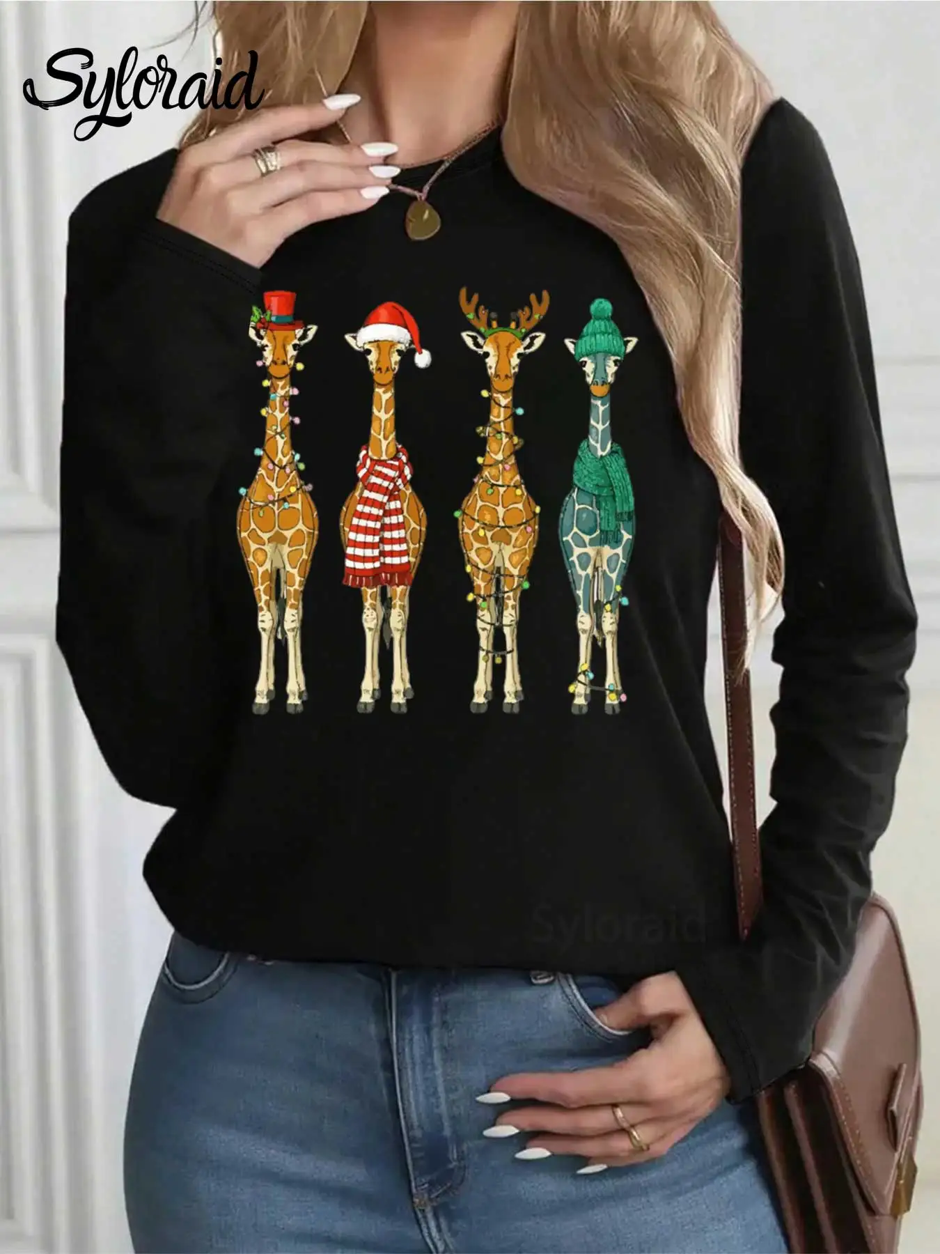 여성용 긴 소매 티셔츠 재미 있은 기린 크리스마스 프린트 티셔츠 패션 라운드 넥 캐주얼 탑