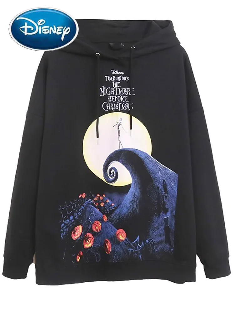 

Disney Sweatshirt The Nightmare Before Christmas Letter Cartoon Print Embroidery Women Hooded Long Sleeve Fleece Jumper Tops