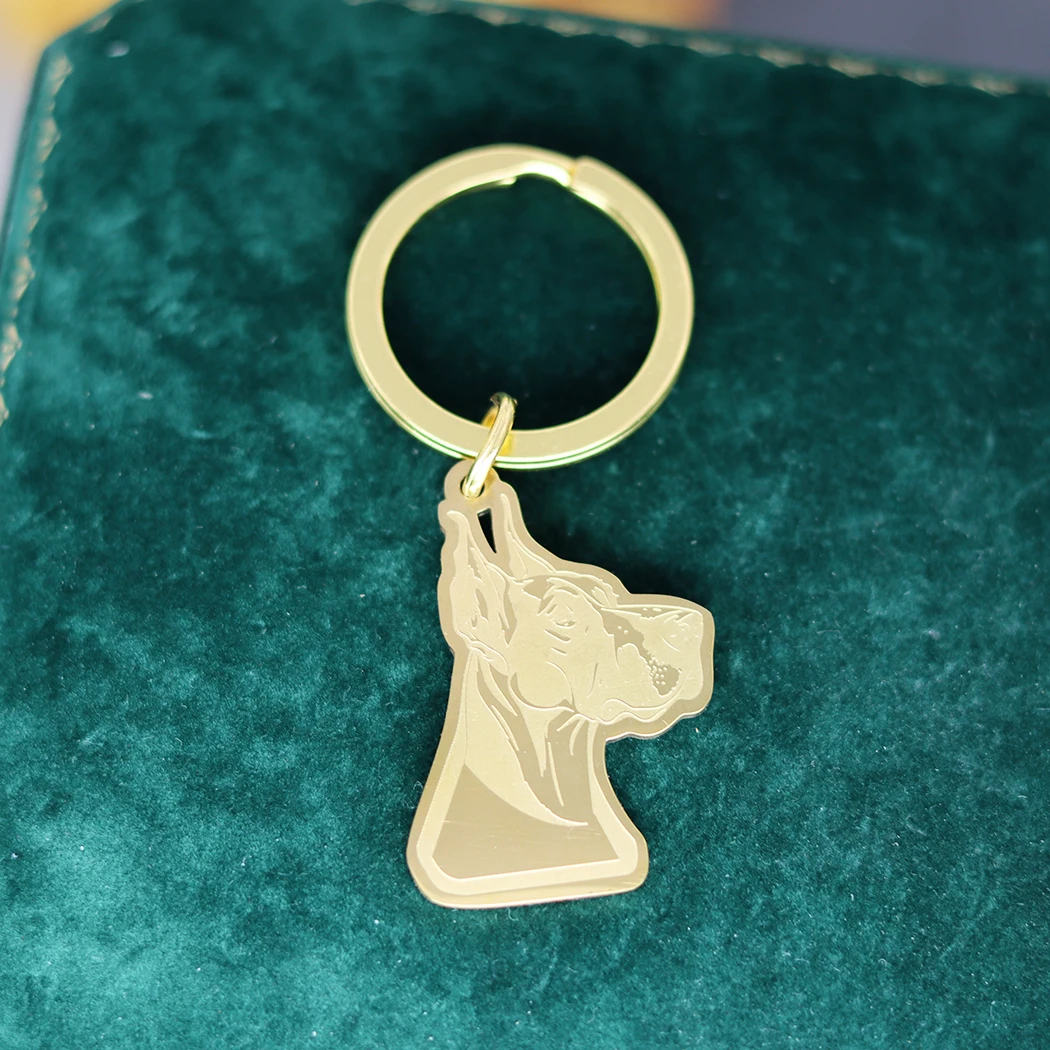 Fashion Golden Great Dane Dog Keychain for Kids Gifts Jewelry Pet Lucky Charms Stainless Steel Car Key Rings Deco Accessories