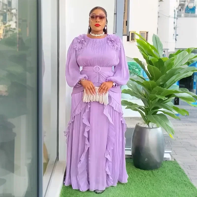 ชุดราตรีจีบระบายสไตล์ดารา ชุดเดรสยาวพลีทสำหรับผู้หญิงแอฟริกันไซส์ใหญ่ แขนทรงโคมดอกไม้ 3 มิติแบบดั้งเดิม