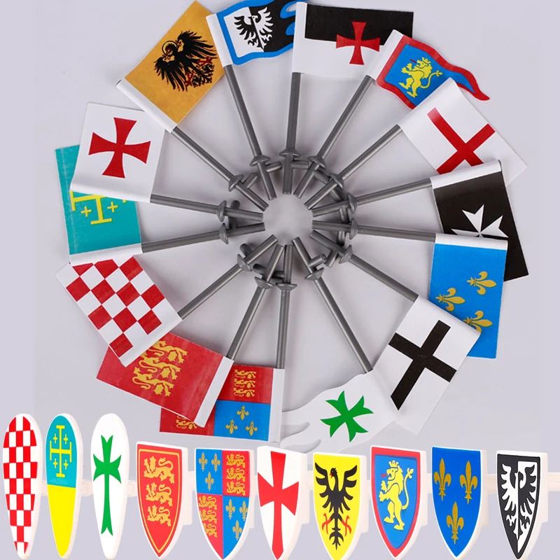 MOC Knights Team Flag Stickers Medieval Military Castle Cruciata Soldiers Lion Shield Building Blocks Templar Order Bricks Toys