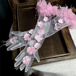 Women's Elegant Flower Feather Long Mesh Glove Female Spring Summer Vintage Sunscreen Driving Photograph Party Glove R2117