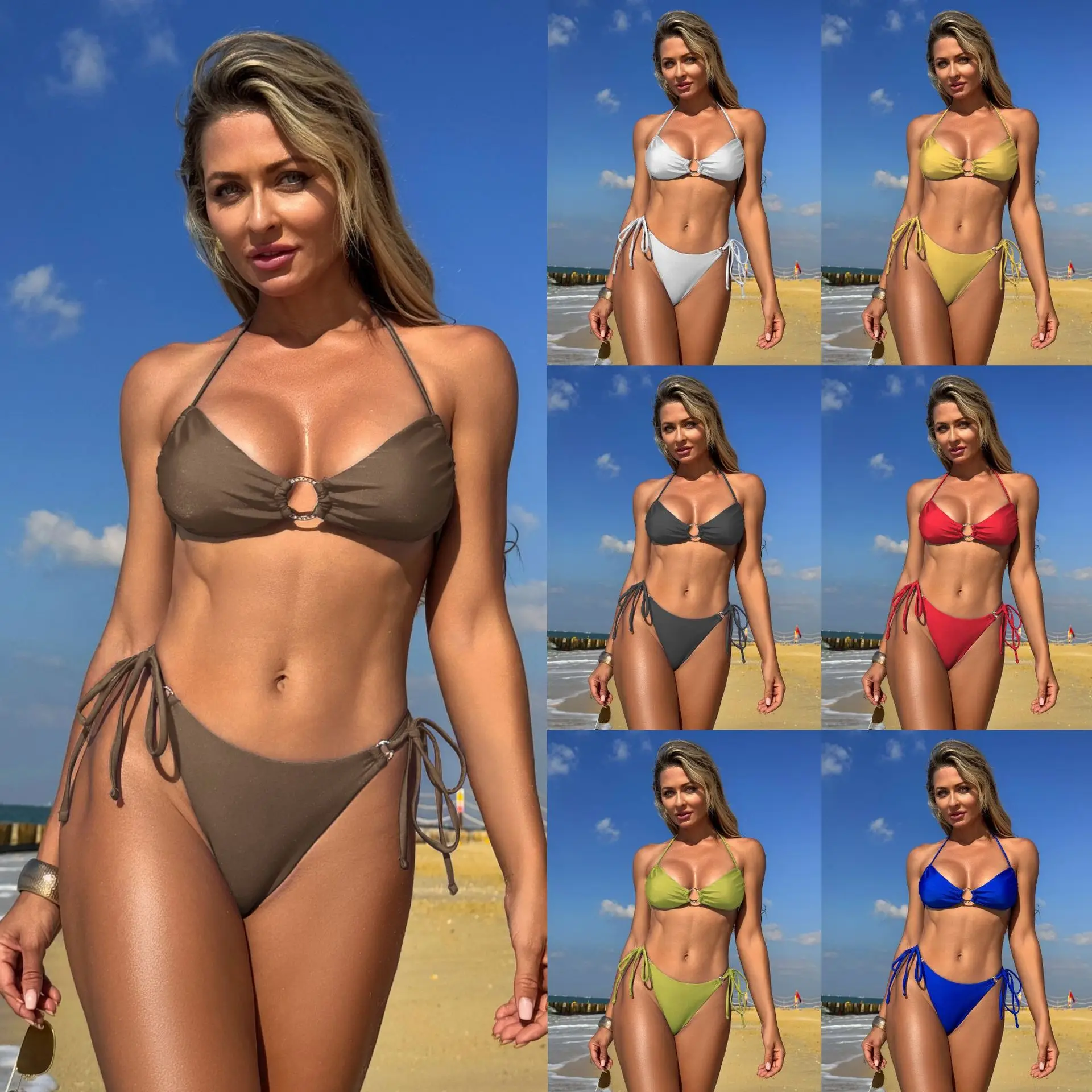

New Sexy Solid Color Nylon Neck Women's Bikini Beach Swimsuit