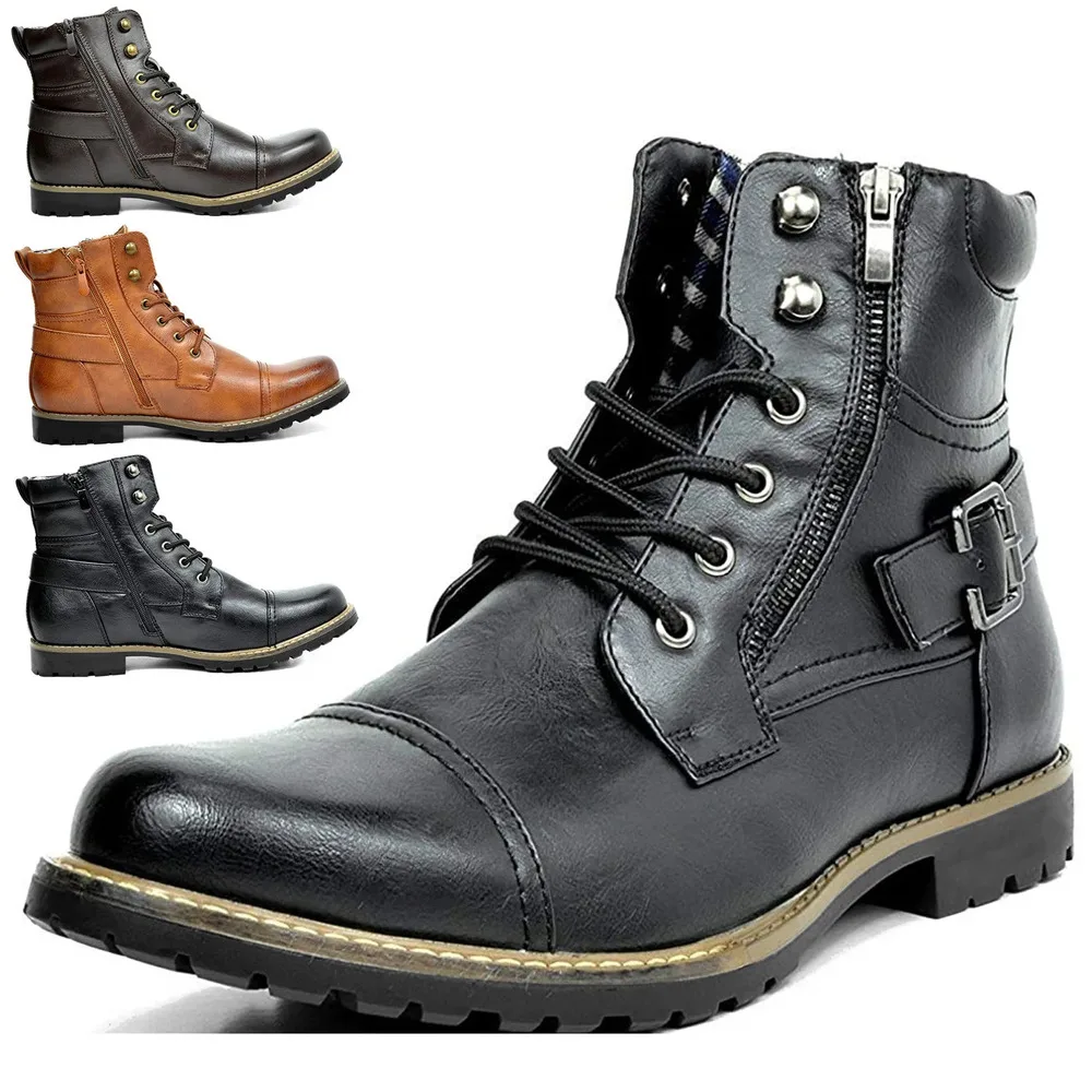 

2026 New Size38-48 Leather Round Toe Grid Pattern Square Heel Males Shoes Exquisite Fashion Leisure Design Men Motorcycle Boots