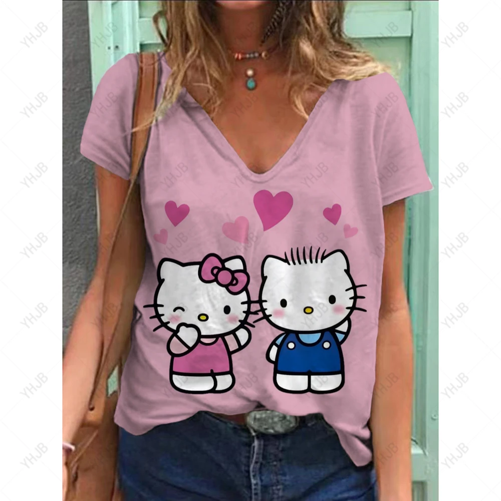 الصيف النساء تي شيرت ثلاثية الأبعاد موضة سانريو مرحبا كيتي الطباعة Harajuku تي شيرت الفتيات تي شيرت الملابس الجديدة قصيرة الأكمام الخامس الرقبة