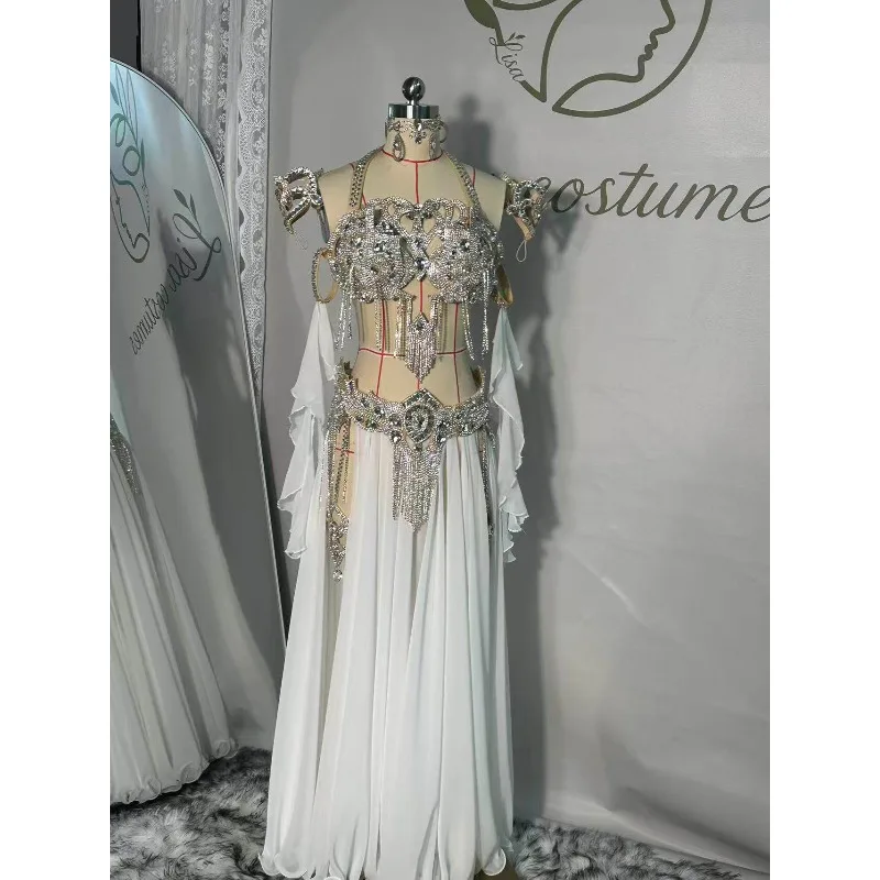Customized Belly Dance Costumes Oriental Dance Dress Performance Costume White bra+belt+skirt+sleeves+bracelet+thigh chain